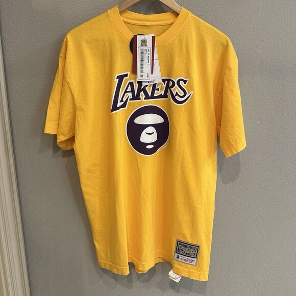 AAPE BAPE LA Lakers Mitchell & Ness NBA S Small Shirt A Bathing Ape Yellow New - Picture 1 of 8